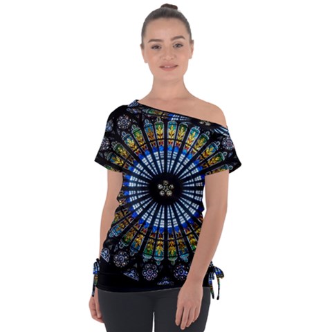 Mandala Floral Rose Window Strasbourg Cathedral France Off Shoulder Tie-up Tee by Semog4