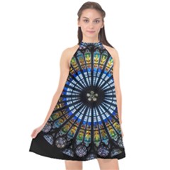 Mandala Floral Rose Window Strasbourg Cathedral France Halter Neckline Chiffon Dress  by Semog4