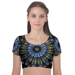 Mandala Floral Rose Window Strasbourg Cathedral France Velvet Short Sleeve Crop Top  by Semog4