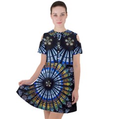 Mandala Floral Rose Window Strasbourg Cathedral France Short Sleeve Shoulder Cut Out Dress 