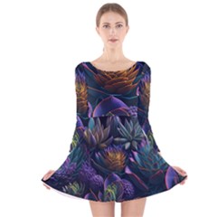 Ai Generated Succulents Flowers Long Sleeve Velvet Skater Dress