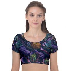 Ai Generated Succulents Flowers Velvet Short Sleeve Crop Top  by Semog4