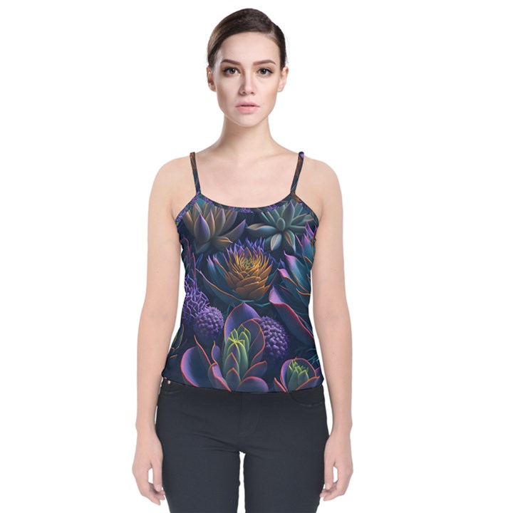 Ai Generated Succulents Flowers Velvet Spaghetti Strap Top