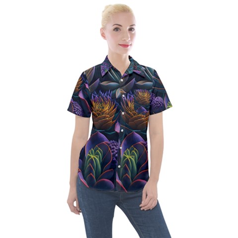 Ai Generated Succulents Flowers Women s Short Sleeve Pocket Shirt by Semog4