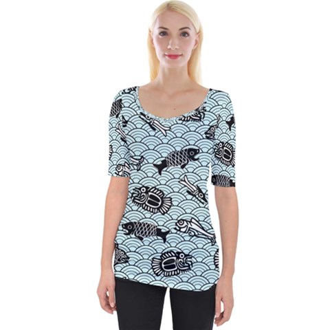 Fish Koi Ocean Sea Oriental Waves Wide Neckline Tee by Semog4