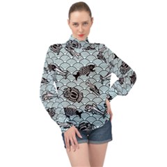 Fish Koi Ocean Sea Oriental Waves High Neck Long Sleeve Chiffon Top by Semog4