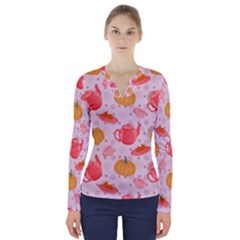 Pumpkin Tea Cup Pie Dessert V-neck Long Sleeve Top by Semog4