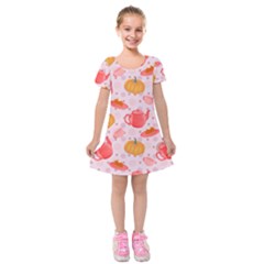 Pumpkin Tea Cup Pie Dessert Kids  Short Sleeve Velvet Dress by Semog4