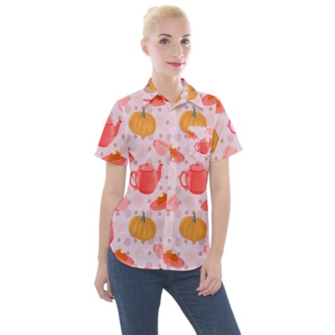 Pumpkin Tea Cup Pie Dessert Women s Short Sleeve Pocket Shirt by Semog4