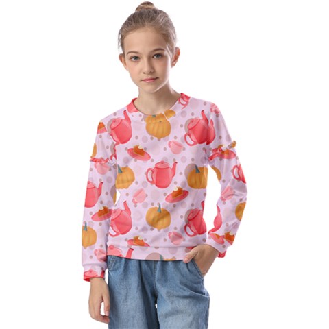 Pumpkin Tea Cup Pie Dessert Kids  Long Sleeve Tee With Frill  by Semog4