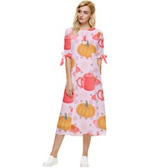 Pumpkin Tea Cup Pie Dessert Bow Sleeve Chiffon Midi Dress by Semog4