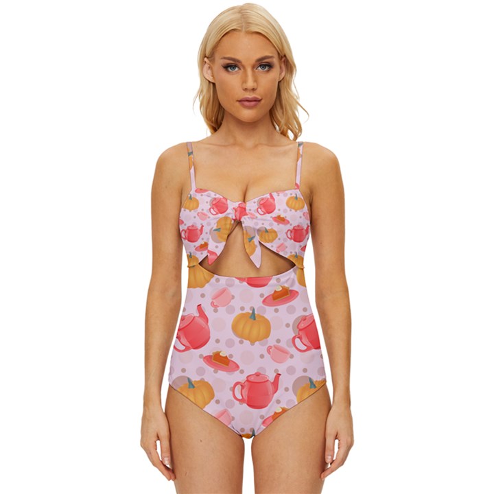 Pumpkin Tea Cup Pie Dessert Knot Front One-Piece Swimsuit