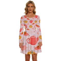 Pumpkin Tea Cup Pie Dessert Long Sleeve Wide Neck Velvet Dress by Semog4