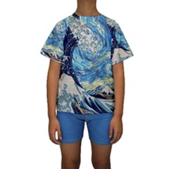 Starry Night Hokusai Vincent Van Gogh The Great Wave Off Kanagawa Kids  Short Sleeve Swimwear by Semog4