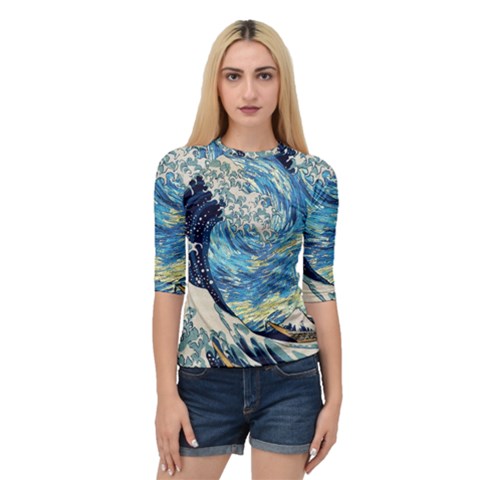 Starry Night Hokusai Vincent Van Gogh The Great Wave Off Kanagawa Quarter Sleeve Raglan Tee by Semog4