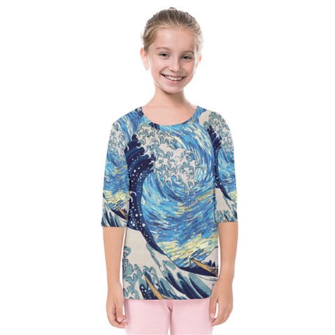 Starry Night Hokusai Vincent Van Gogh The Great Wave Off Kanagawa Kids  Quarter Sleeve Raglan Tee by Semog4