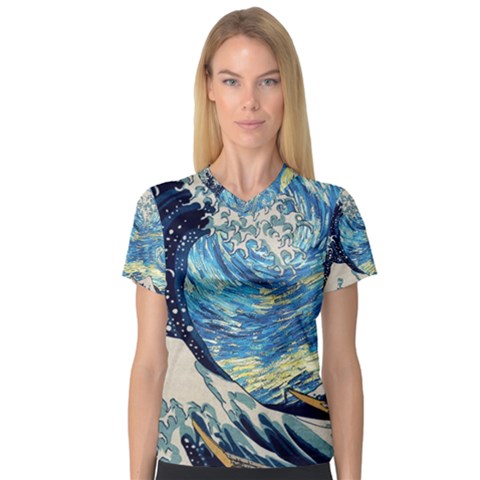 Starry Night Hokusai Vincent Van Gogh The Great Wave Off Kanagawa V-neck Sport Mesh Tee by Semog4