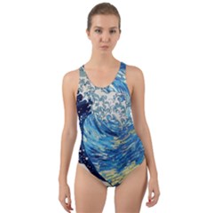 Starry Night Hokusai Vincent Van Gogh The Great Wave Off Kanagawa Cut-out Back One Piece Swimsuit by Semog4