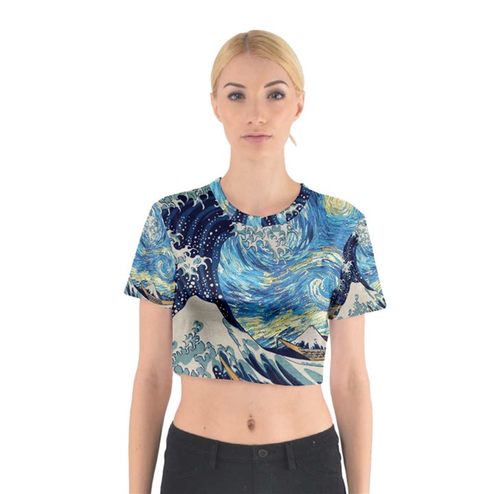 Starry Night Hokusai Vincent Van Gogh The Great Wave Off Kanagawa Cotton Crop Top