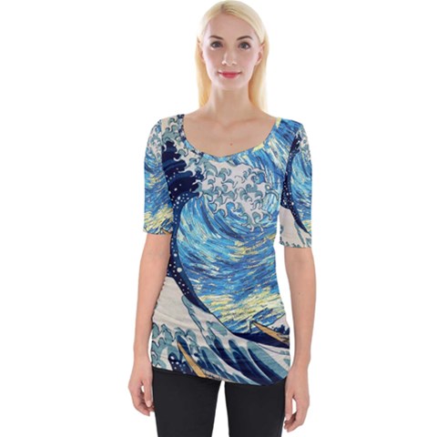 Starry Night Hokusai Vincent Van Gogh The Great Wave Off Kanagawa Wide Neckline Tee by Semog4