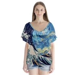 Starry Night Hokusai Vincent Van Gogh The Great Wave Off Kanagawa V-neck Flutter Sleeve Top by Semog4