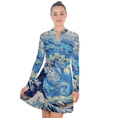 Starry Night Hokusai Vincent Van Gogh The Great Wave Off Kanagawa Long Sleeve Panel Dress by Semog4