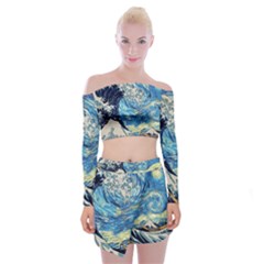 Starry Night Hokusai Vincent Van Gogh The Great Wave Off Kanagawa Off Shoulder Top With Mini Skirt Set by Semog4