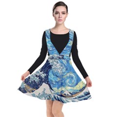 Starry Night Hokusai Vincent Van Gogh The Great Wave Off Kanagawa Plunge Pinafore Dress by Semog4