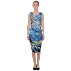 Starry Night Hokusai Vincent Van Gogh The Great Wave Off Kanagawa Sleeveless Pencil Dress by Semog4