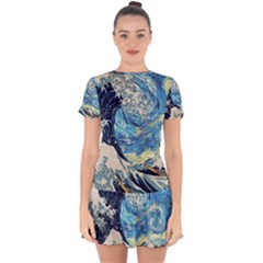 Starry Night Hokusai Vincent Van Gogh The Great Wave Off Kanagawa Drop Hem Mini Chiffon Dress by Semog4