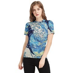 Starry Night Hokusai Vincent Van Gogh The Great Wave Off Kanagawa Women s Short Sleeve Rash Guard by Semog4