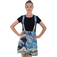 Starry Night Hokusai Vincent Van Gogh The Great Wave Off Kanagawa Velvet Suspender Skater Skirt by Semog4