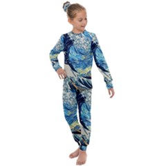 Starry Night Hokusai Vincent Van Gogh The Great Wave Off Kanagawa Kids  Long Sleeve Set  by Semog4