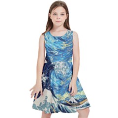 Starry Night Hokusai Vincent Van Gogh The Great Wave Off Kanagawa Kids  Skater Dress by Semog4