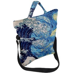 Starry Night Hokusai Vincent Van Gogh The Great Wave Off Kanagawa Fold Over Handle Tote Bag by Semog4