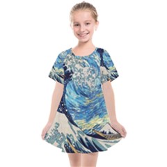 Starry Night Hokusai Vincent Van Gogh The Great Wave Off Kanagawa Kids  Smock Dress by Semog4