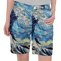 Starry Night Hokusai Vincent Van Gogh The Great Wave Off Kanagawa Women s Pocket Shorts by Semog4