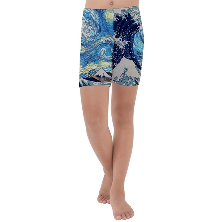 Starry Night Hokusai Vincent Van Gogh The Great Wave Off Kanagawa Kids  Lightweight Velour Capri Yoga Leggings