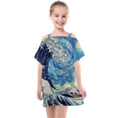 Starry Night Hokusai Vincent Van Gogh The Great Wave Off Kanagawa Kids  One Piece Chiffon Dress by Semog4