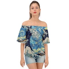 Starry Night Hokusai Vincent Van Gogh The Great Wave Off Kanagawa Off Shoulder Short Sleeve Top by Semog4