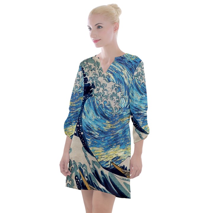 Starry Night Hokusai Vincent Van Gogh The Great Wave Off Kanagawa Open Neck Shift Dress