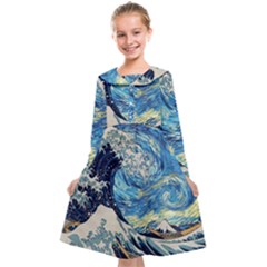 Starry Night Hokusai Vincent Van Gogh The Great Wave Off Kanagawa Kids  Midi Sailor Dress by Semog4