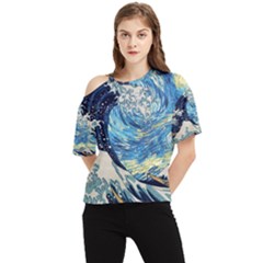 Starry Night Hokusai Vincent Van Gogh The Great Wave Off Kanagawa One Shoulder Cut Out Tee by Semog4