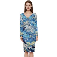 Starry Night Hokusai Vincent Van Gogh The Great Wave Off Kanagawa Long Sleeve V-neck Bodycon Dress  by Semog4