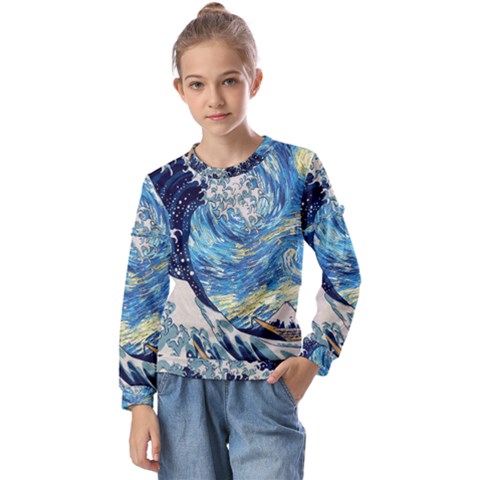 Starry Night Hokusai Vincent Van Gogh The Great Wave Off Kanagawa Kids  Long Sleeve Tee With Frill  by Semog4