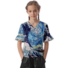 Starry Night Hokusai Vincent Van Gogh The Great Wave Off Kanagawa Kids  V-neck Horn Sleeve Blouse by Semog4