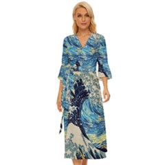 Starry Night Hokusai Vincent Van Gogh The Great Wave Off Kanagawa Midsummer Wrap Dress by Semog4