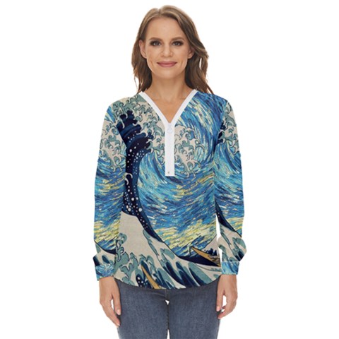 Starry Night Hokusai Vincent Van Gogh The Great Wave Off Kanagawa Zip Up Long Sleeve Blouse by Semog4