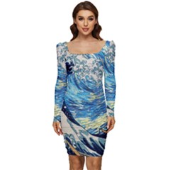 Starry Night Hokusai Vincent Van Gogh The Great Wave Off Kanagawa Women Long Sleeve Ruched Stretch Jersey Dress by Semog4