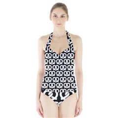 Black And White Pretzel Illustrations Pattern Halter Swimsuit by GardenOfOphir